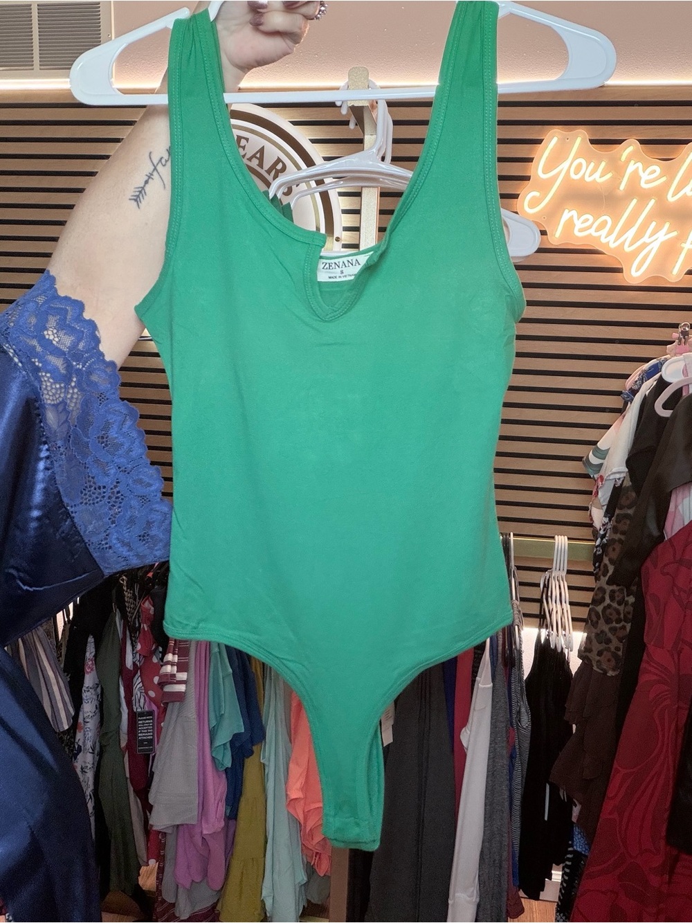 Zenana Outfitters Bright Green Thong Bodysuit